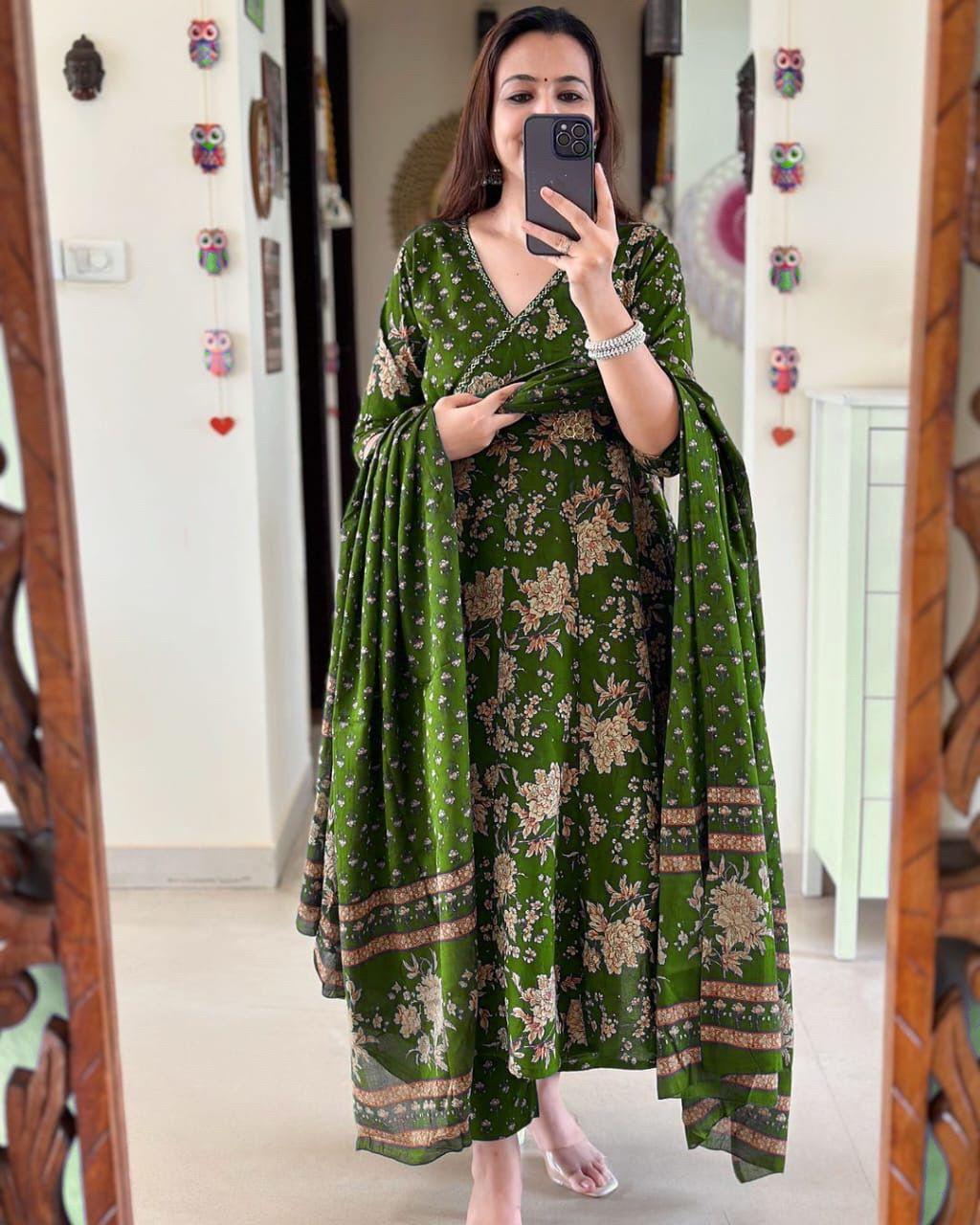 Anarkali Kurta Set With Angrakha Style For Women( Green )