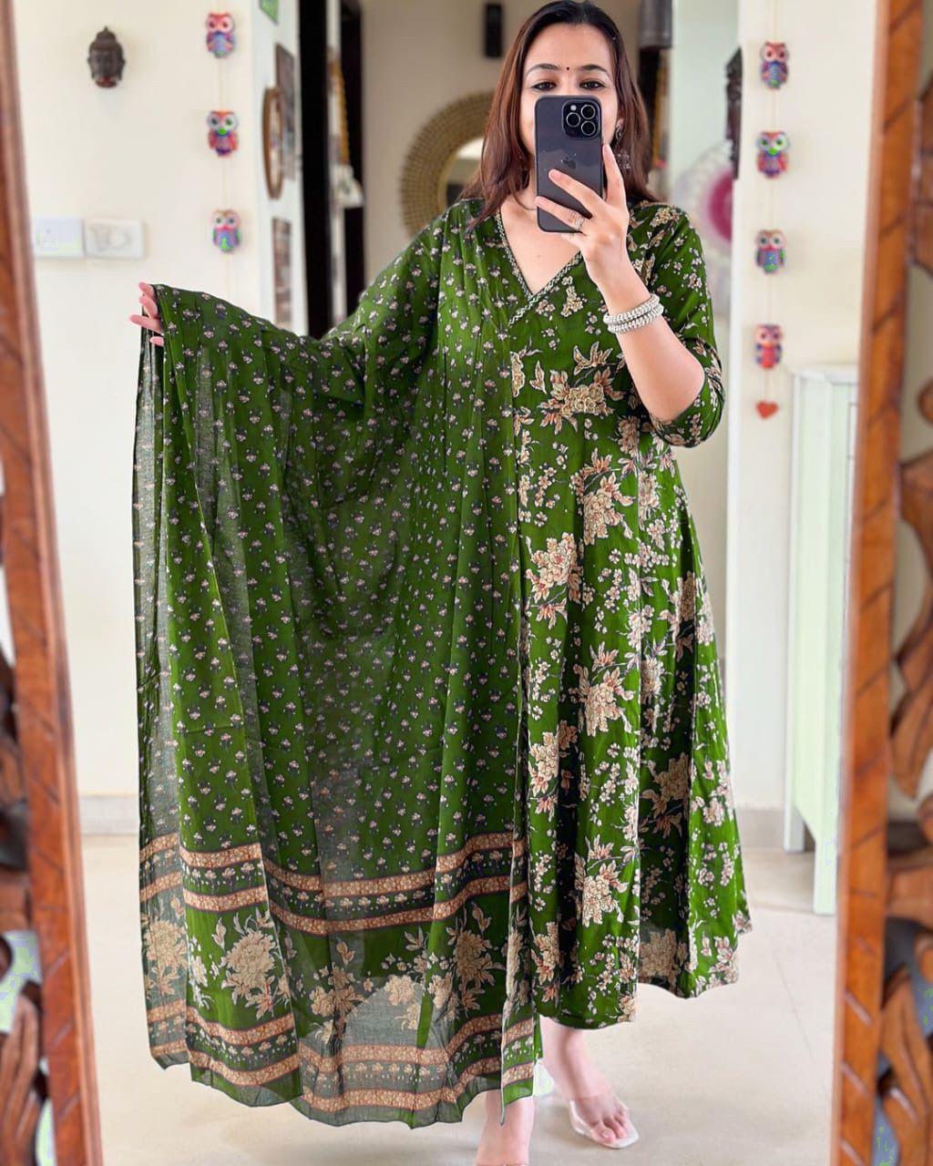 Anarkali Kurta Set With Angrakha Style For Women( Green )