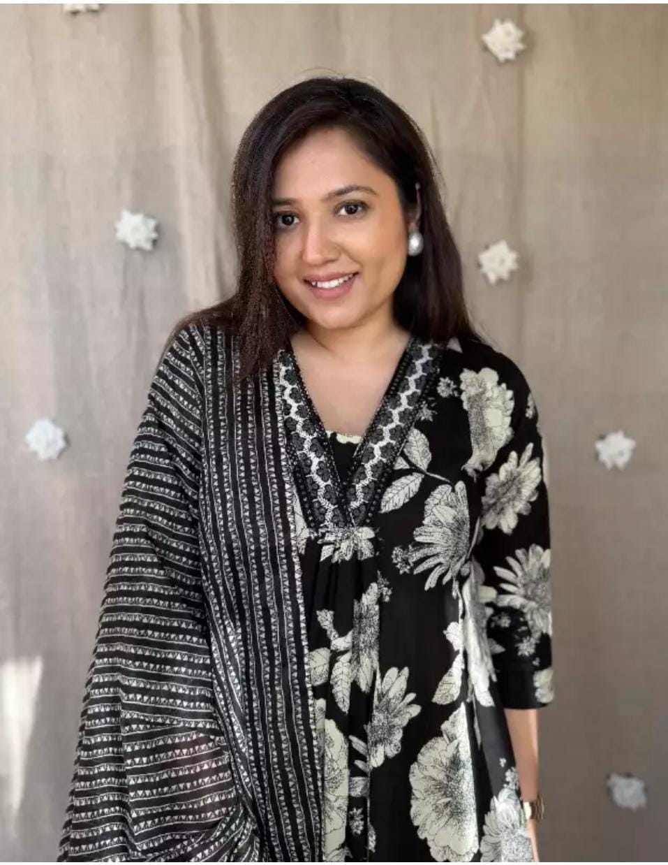 Biba Black And White Floral Print A-Line Kurti