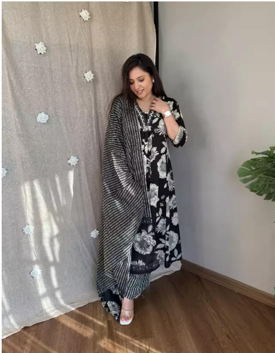 Biba Black And White Floral Print A-Line Kurti