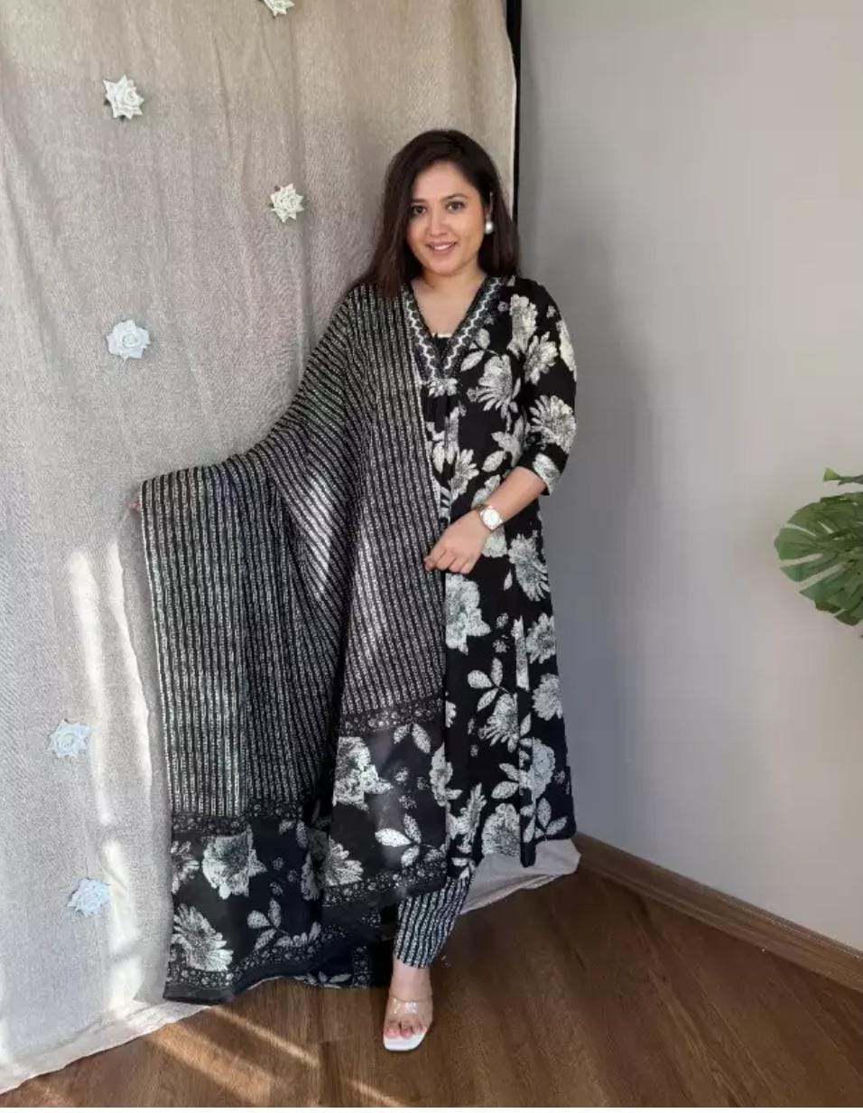 Biba Black And White Floral Print A-Line Kurti