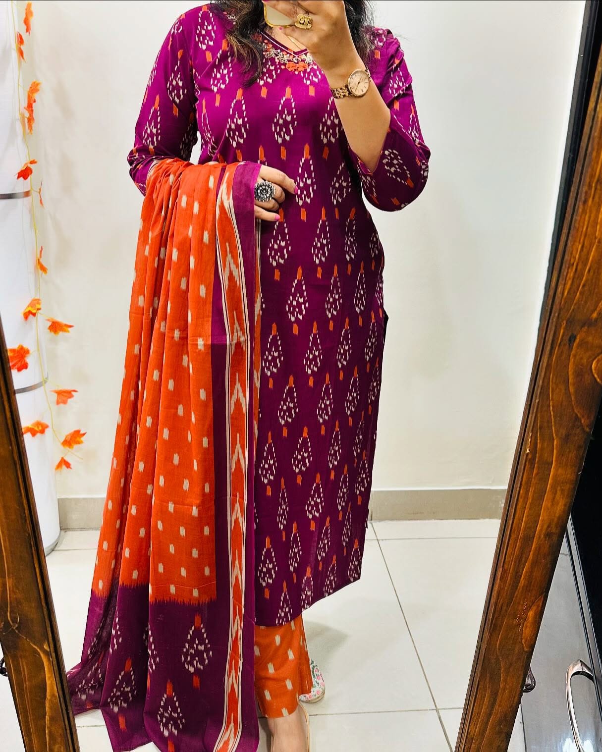 Ikkat Print With Kurti Pant & Dupatta Set For Women