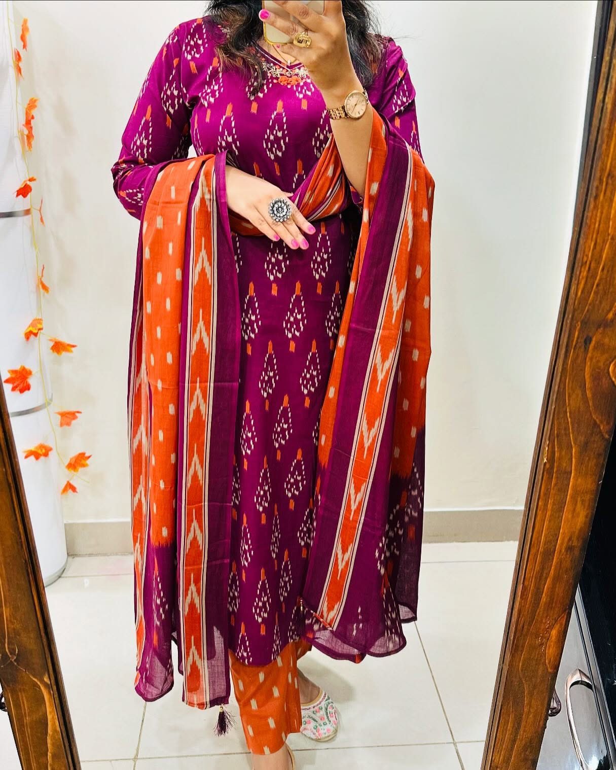 Ikkat Print With Kurti Pant & Dupatta Set For Women