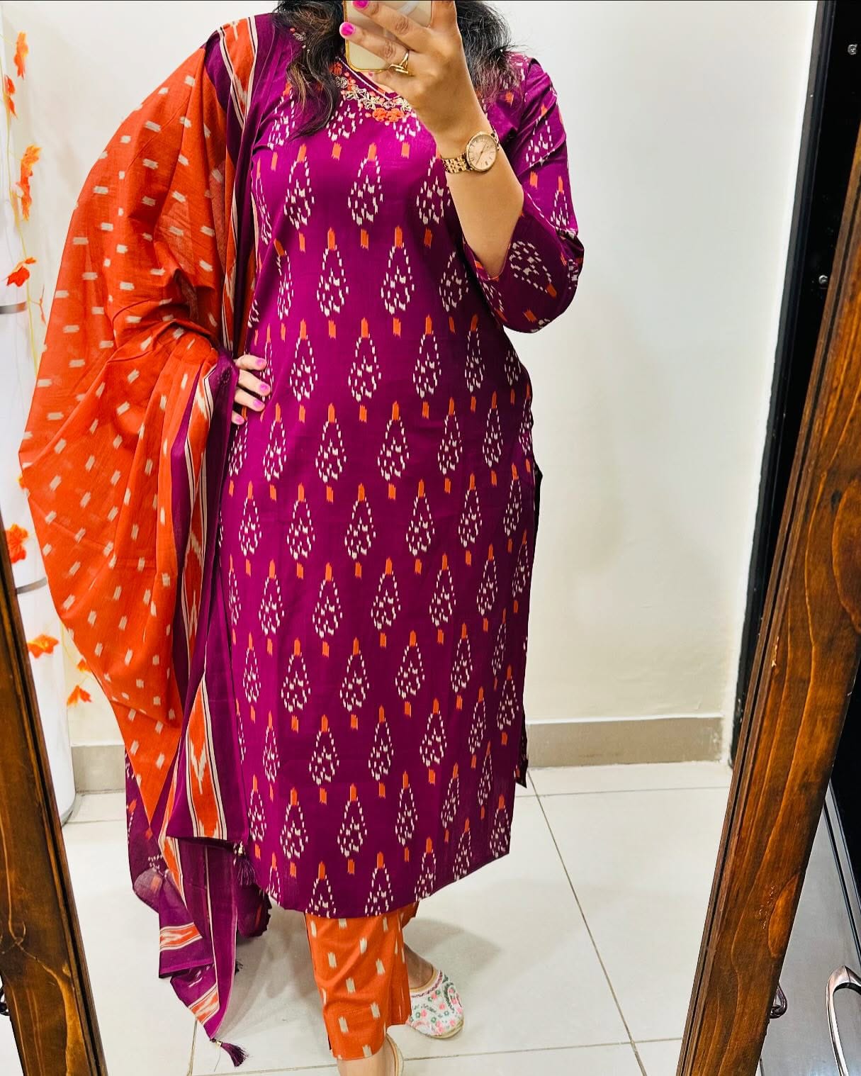Ikkat Print With Kurti Pant & Dupatta Set For Women