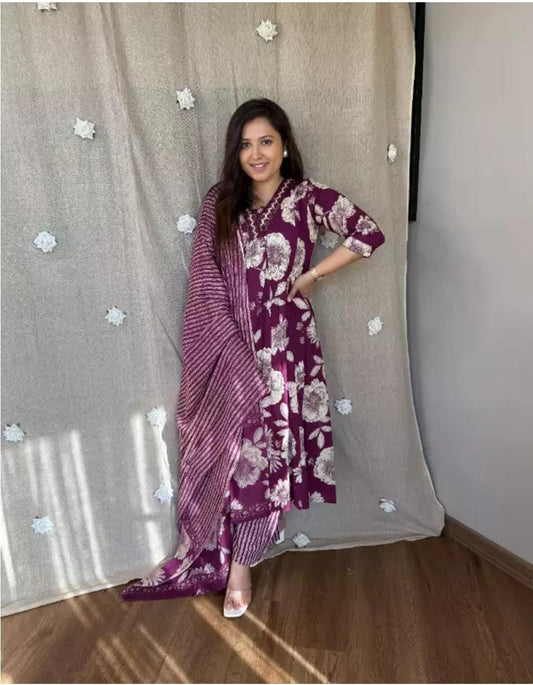 Biba Purple Floral Print Kurta Set