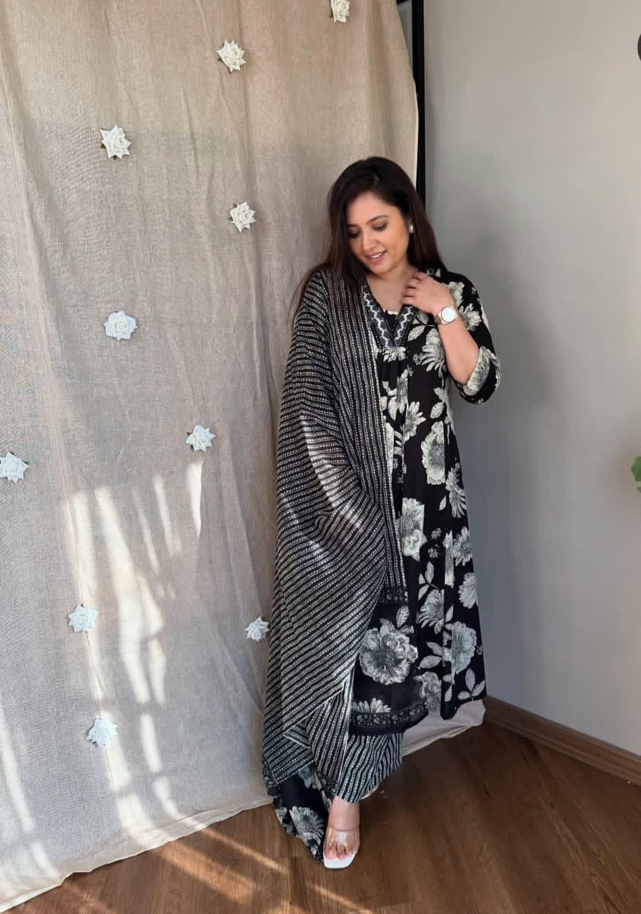 Biba Black And White Floral Print A-Line Kurti