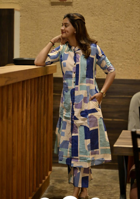 Biba Abstract Print Cotton Kurta Set With Pants âModern Co-Ord Style