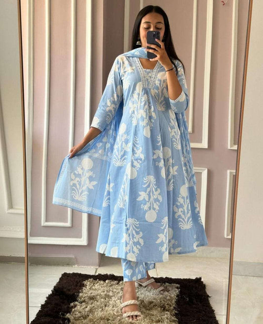 Premium Pure Cotton Printed Long Kurti With Pant And Dupatta Set